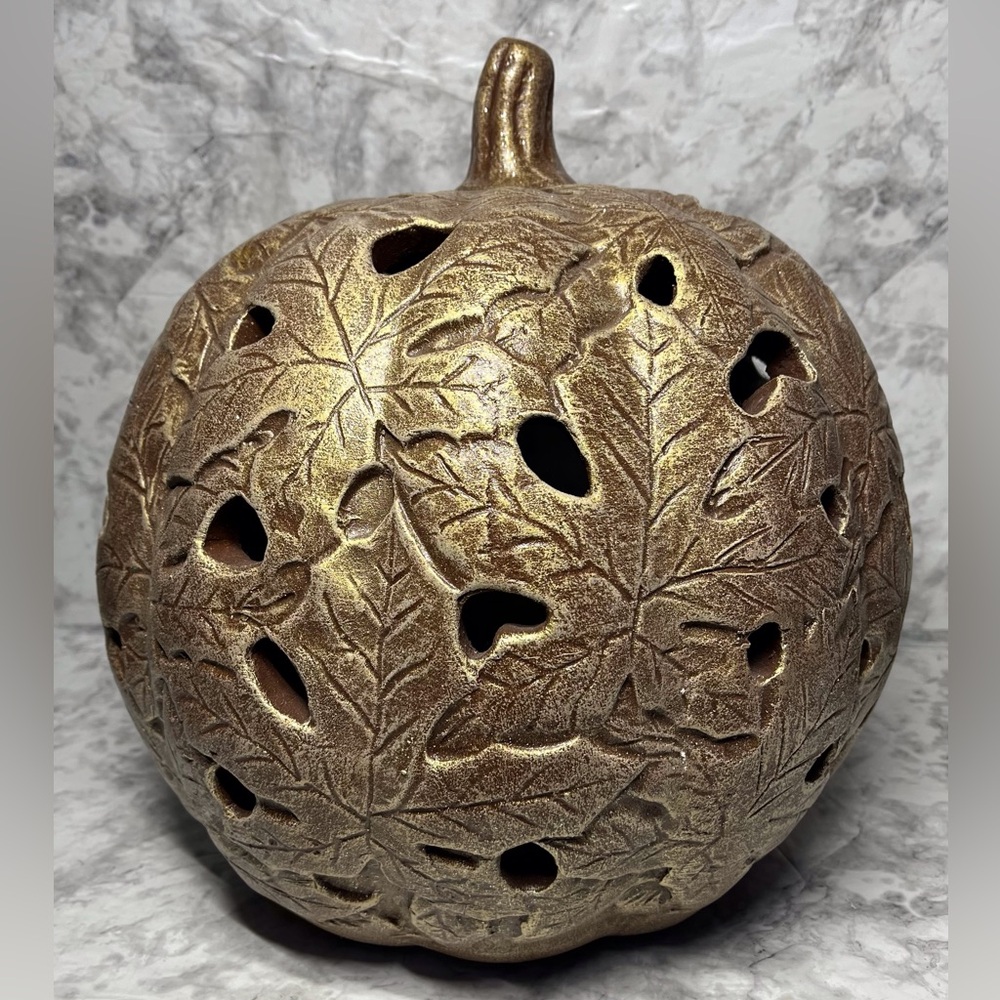 Holiday Home Pottery Large Pumpkin Autumn Outdoor Indoor Glitter Brown Luminary